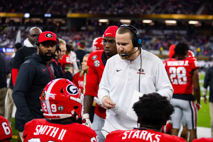 Jan 9, 2023; Inglewood, CA, USA; Georgia Bulldogs co-defensive coordinator and linebackers coach Glenn Schumann against the TCU Horned Frogs during the CFP national championship game at SoFi Stadium. Mandatory Credit: Mark J. Rebilas-USA TODAY Sports